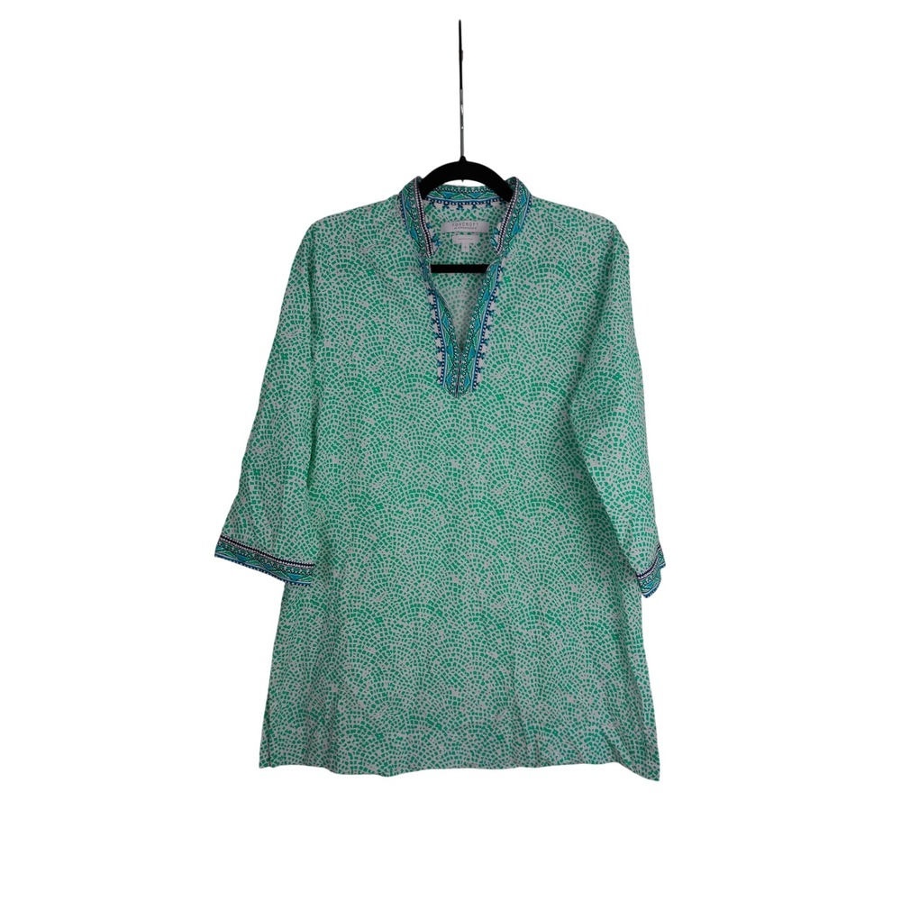 Foxcroft for Appleseeds Green White Mosaic Print Wrinkle Free Tunic Top Size 8